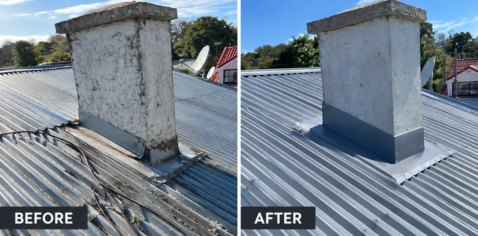 Before and after of chimney flashing and corrugated roofing restoration in West Auckland