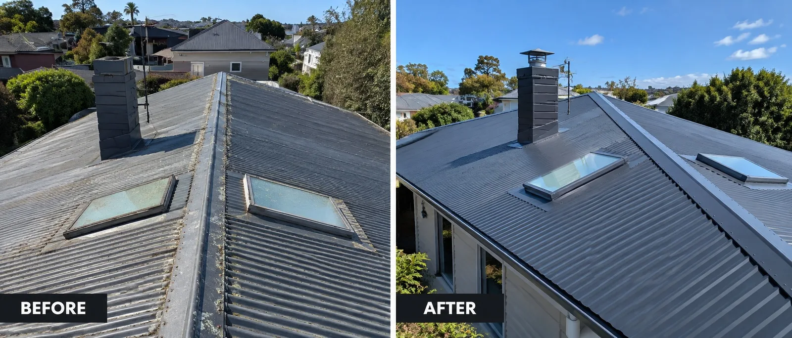 Before and after of a corrugated roof restoration with new skylights in West Auckland