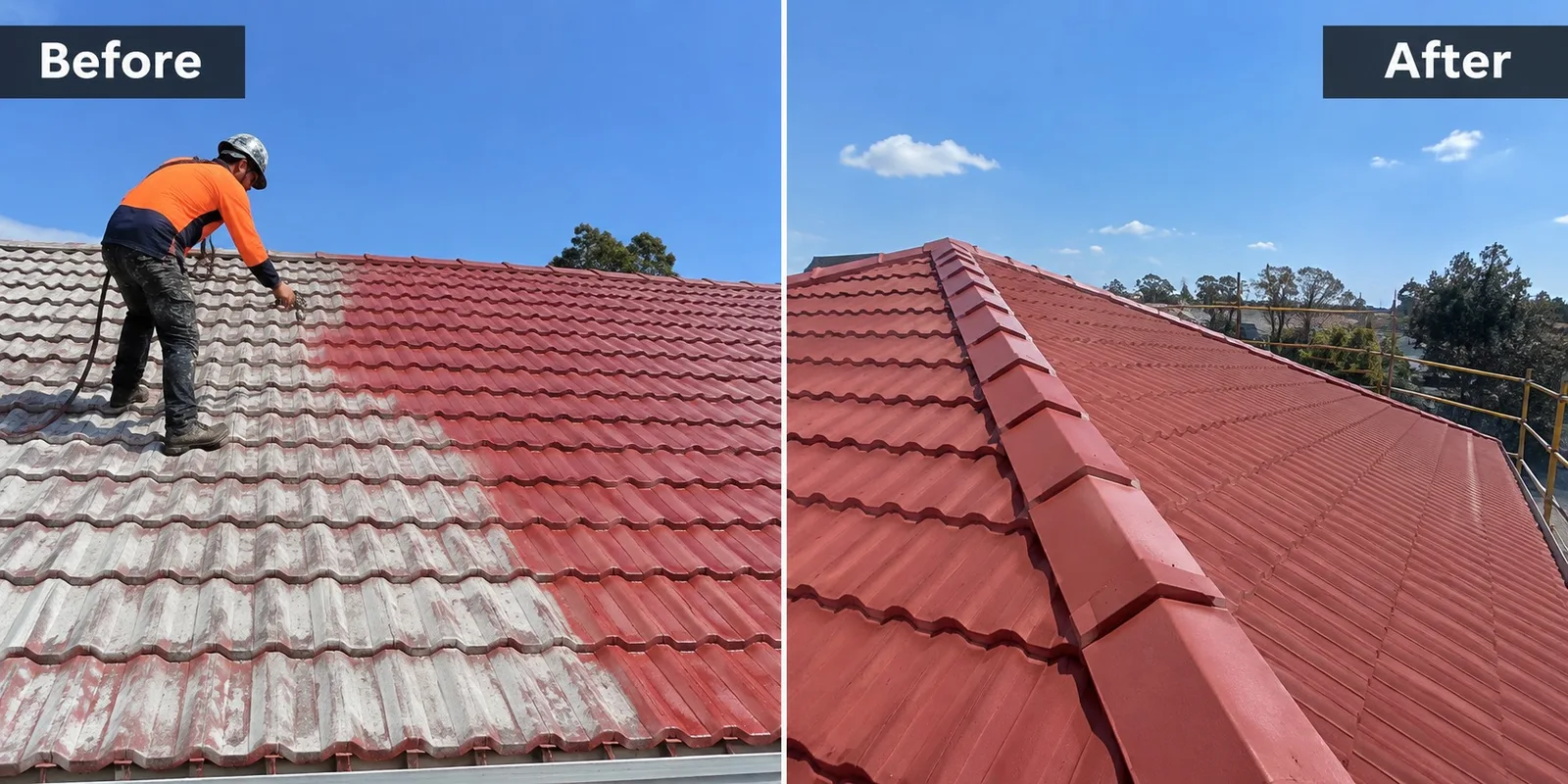 Roof painters part-way through repainting a tile roof in West Auckland