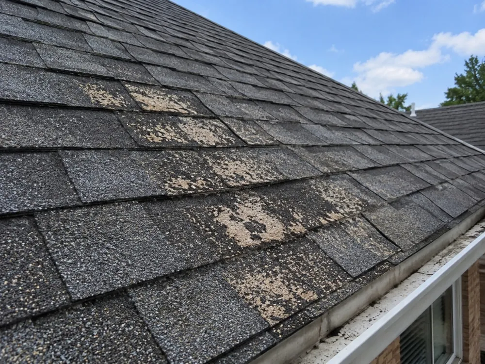 Asphalt shingles showing granule loss
